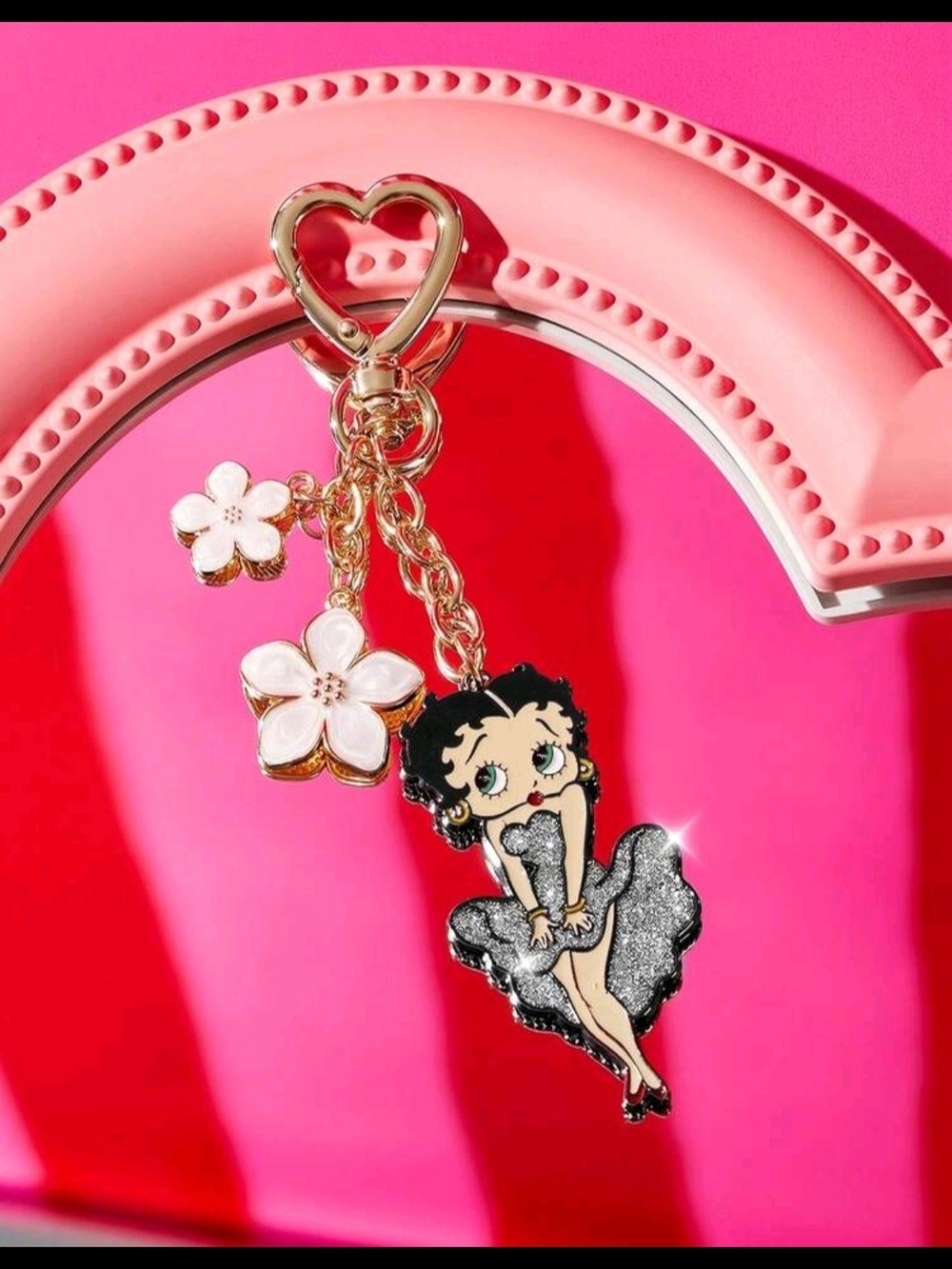 Betty Boop Gold Keychain with Black Glitter Dress and White Flower Charms